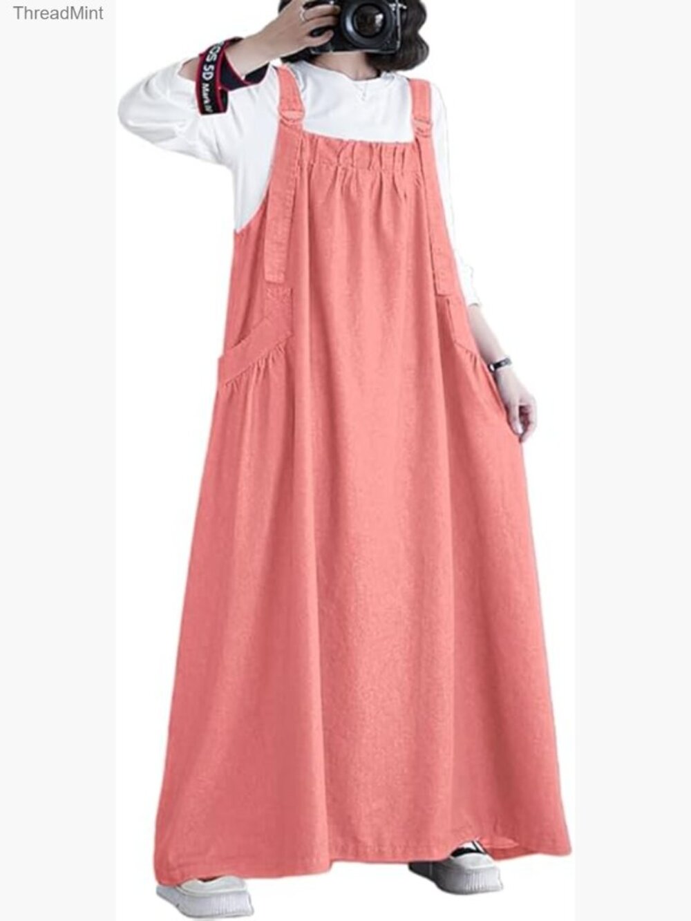 Loose Denim Jumper Dress Maxi Length Adjustable Straps Wide Hem Pockets